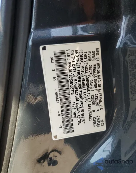 2003 Honda Odyssey Lx z USA, uszkodzony, nr VIN 5FNRL18563B155775